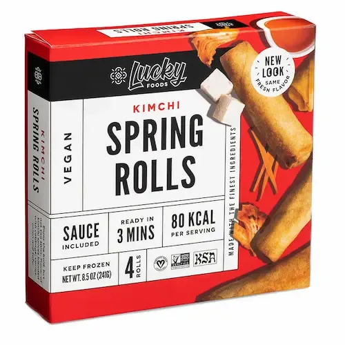 Lucky Foods kimchi spring roll packaging on white