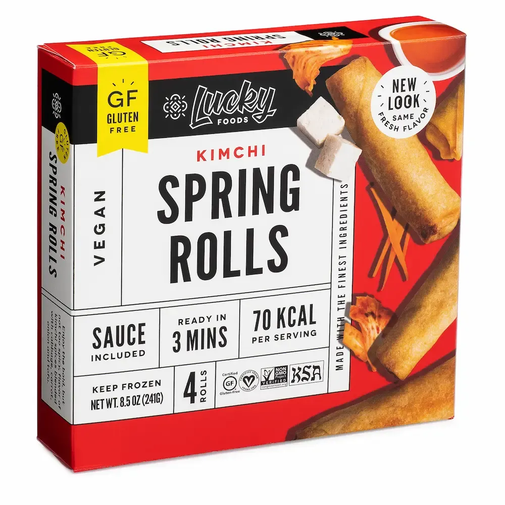 Lucky Foods kimchi spring roll packaging on white