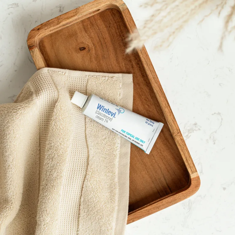 Winlevi skincare bathroom scene product shot