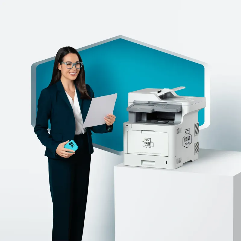 Brother 8360 printer angled view commercial product photography on white