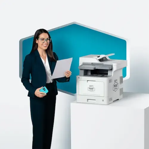 Brother 8360 printer angled view commercial product photography on white