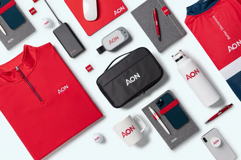 AON branded product items group shot, commercial tabletop photography