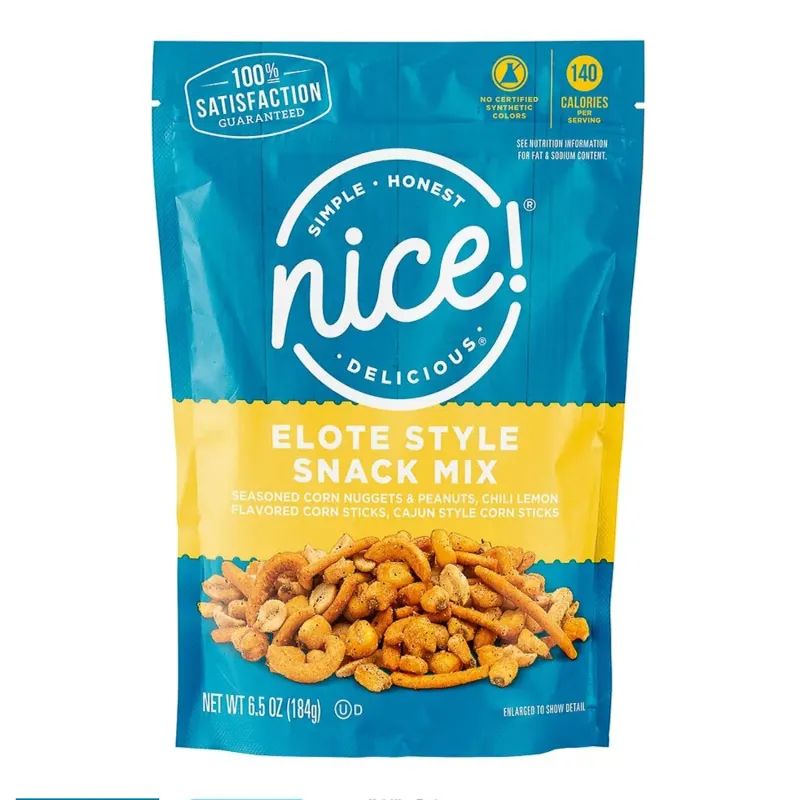 Elote trail mix snack packaging, commercial food photography