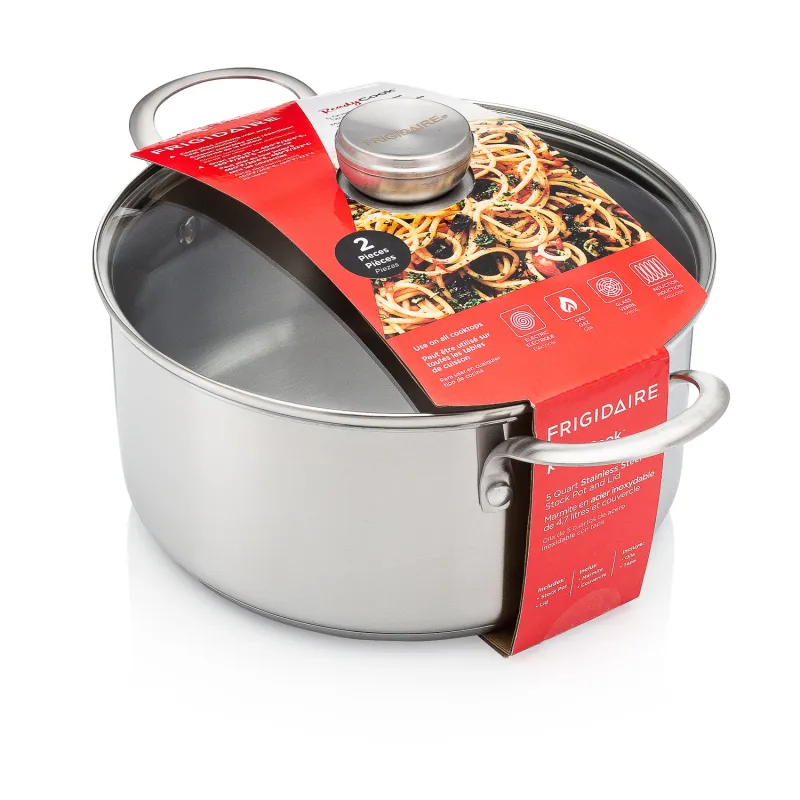 Frigidaire ReadyCook stainless steel stock pot with lid, commercial product photography
