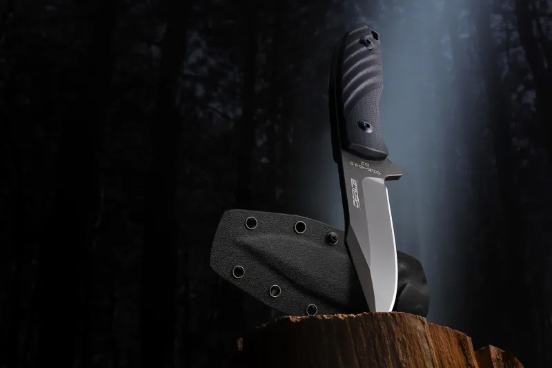 Hunting knife with sheath on a wood log, lifestyle photography
