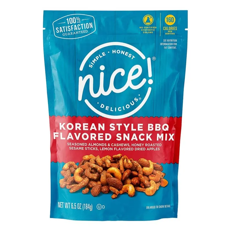 Korean BBQ style snack mix packaging, commercial food photography