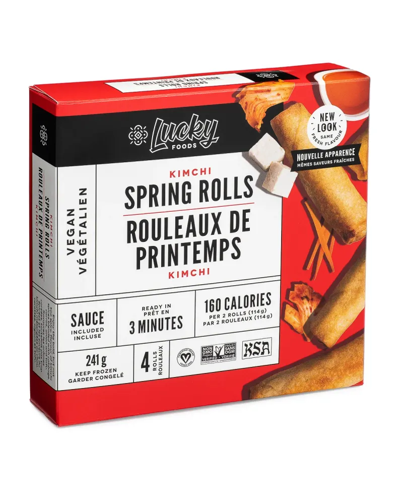 Lucky Foods bilingual kimchi spring roll packaging, commercial food photography
