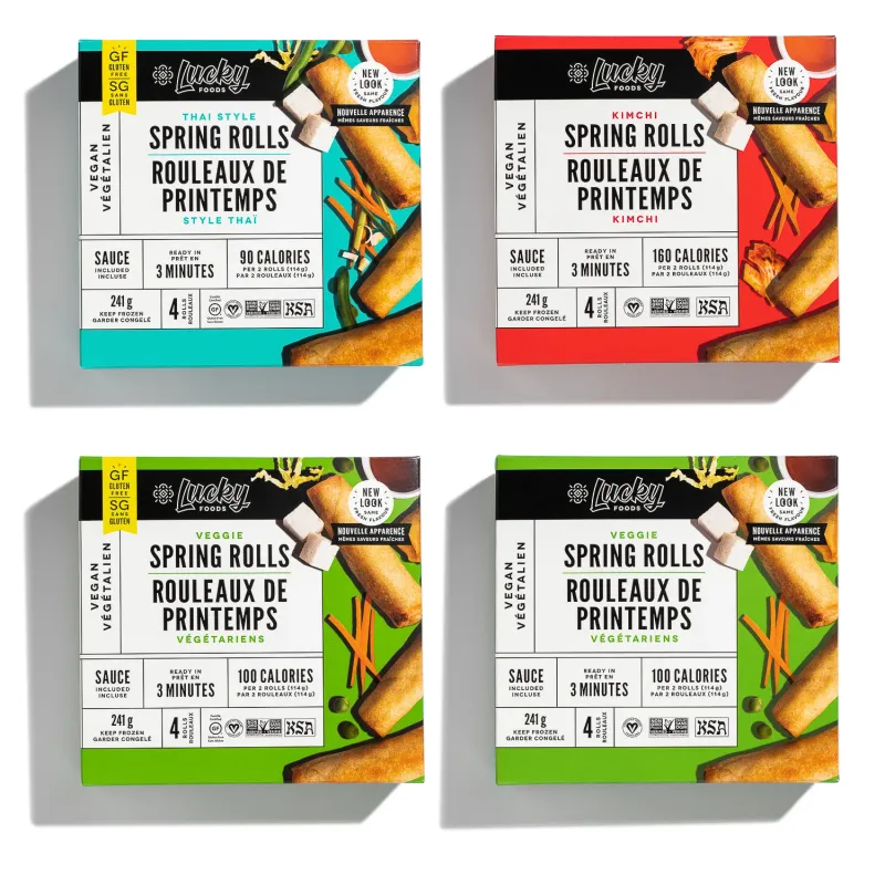 Lucky Foods bilingual spring roll boxes packaging, commercial food photography