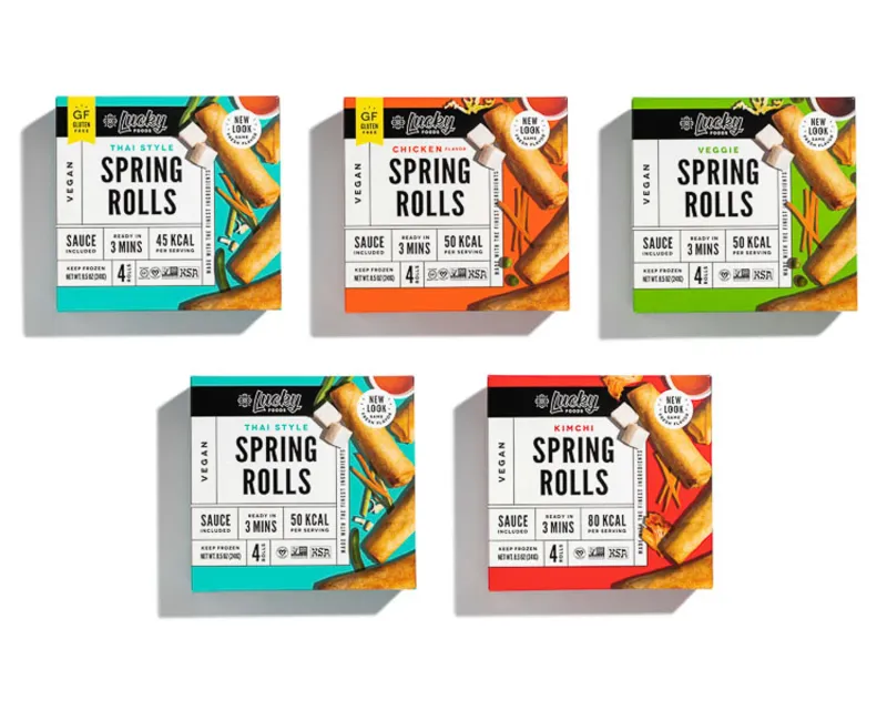 Lucky Foods spring rolls packaging group tabletop