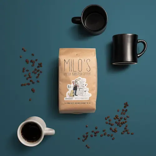 Milos coffee beans tabletop product shot