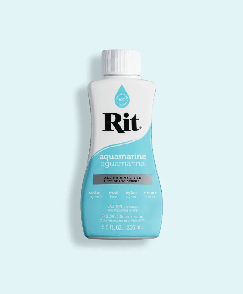 Rit Dye aquamarine all-purpose dye bottle, commercial product photography