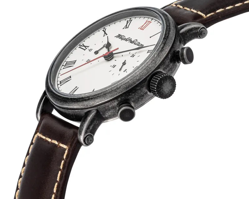 Watch with leather band, side view, ecommerce product photography on white