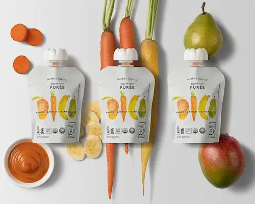 White Leaf baby food mango pouch on white
