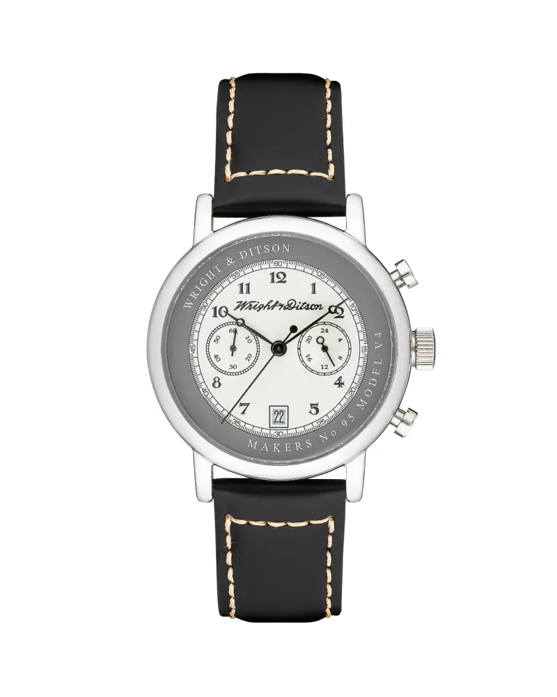 White and silver watch with leather band, ecommerce product photography