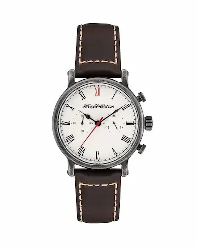 White watch with leather band on white background