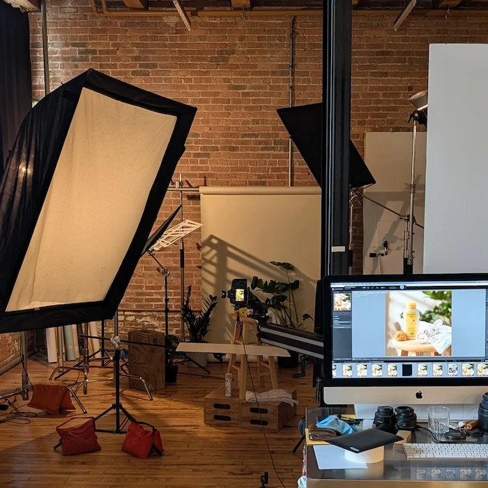 Behind the scenes at Zimmerman Photo studio showing a product photography setup in progress